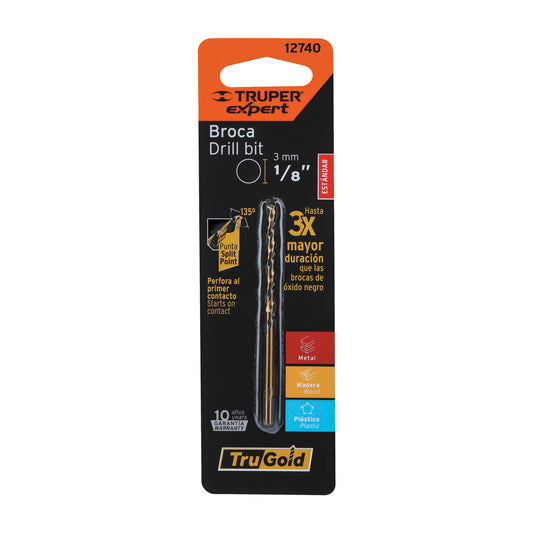 Broca HSS 1/8' Trugold para metal en blíster, Expert Caja con 10, 12740