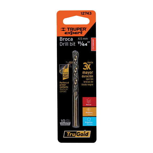 Broca HSS 11/64' Trugold para metal en blíster, Expert Caja con 10, 12743
