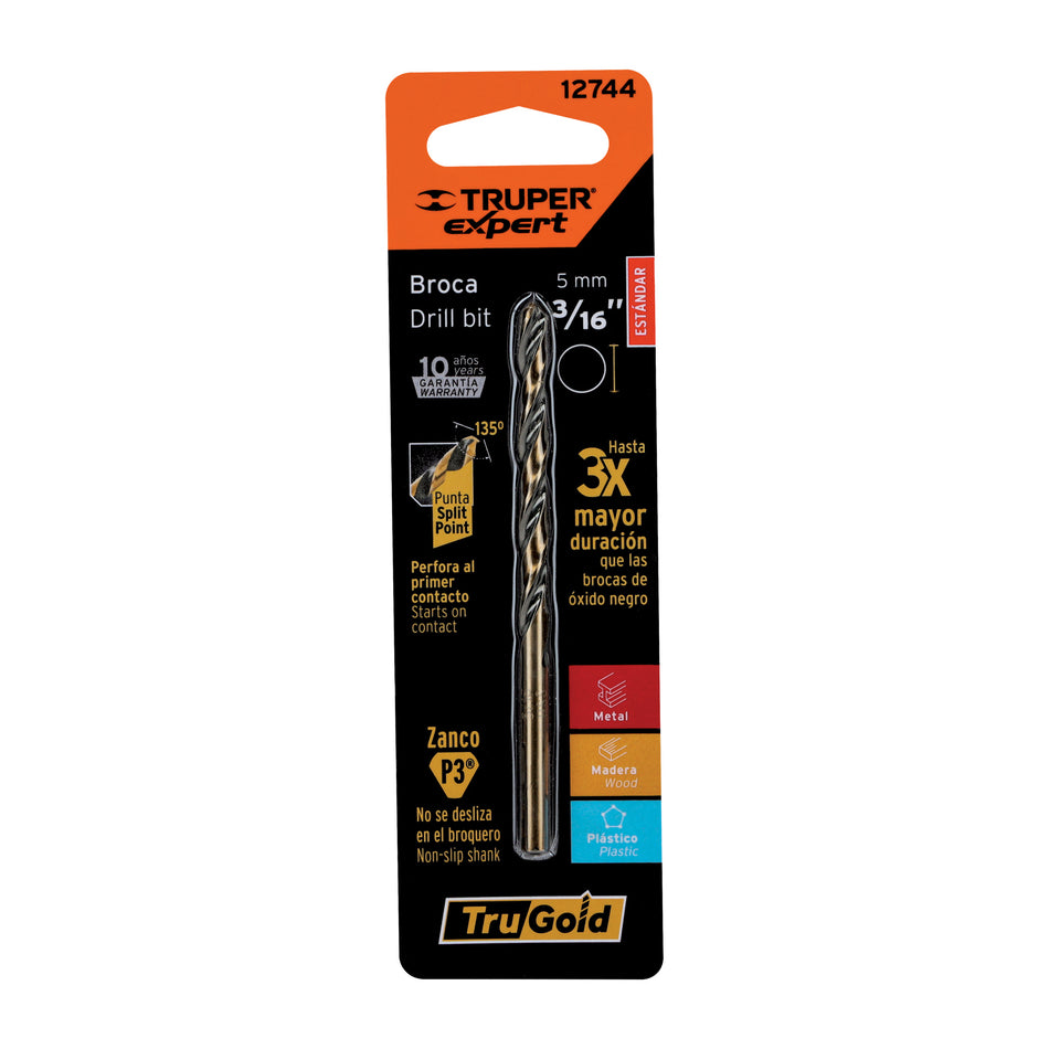 Broca HSS 3/16' Trugold para metal en blíster, Expert Caja con 10, 12744