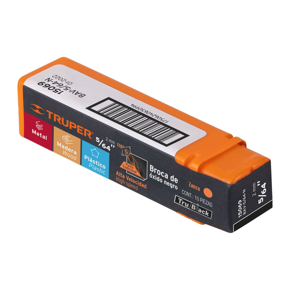 Broca HSS 5/64' Trublack para metal, Truper Caja con 10, 15069
