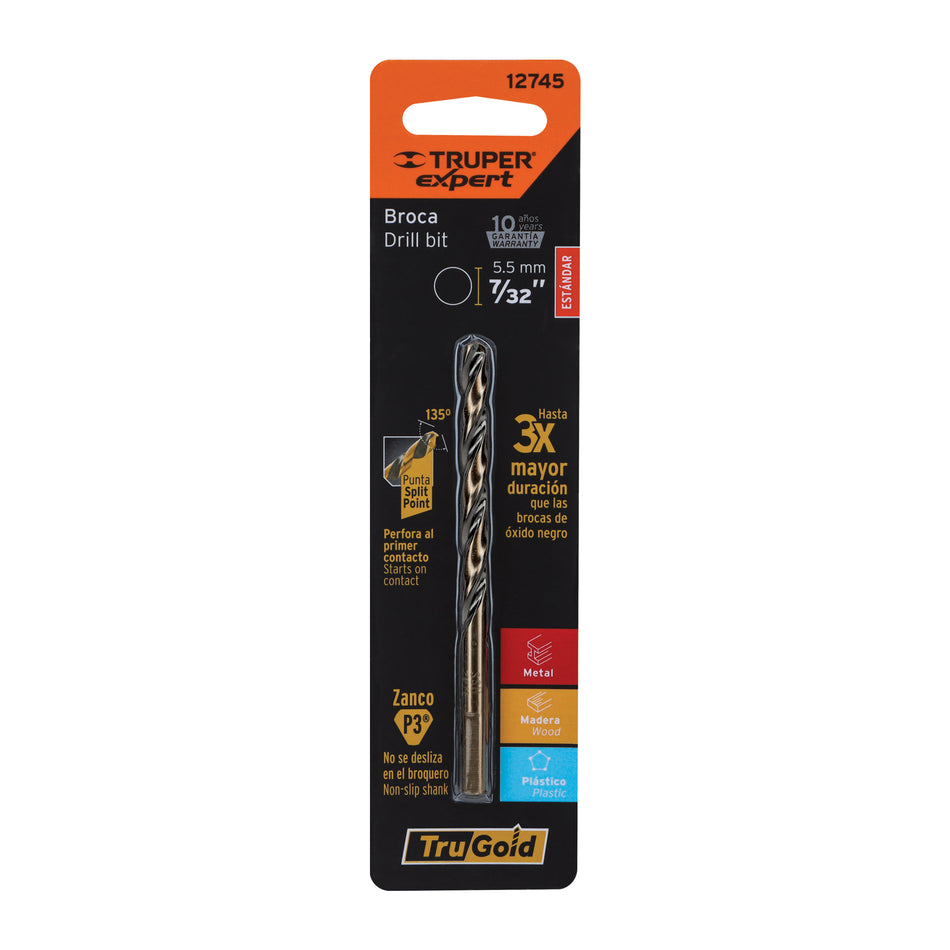 Broca HSS 7/32' Trugold para metal en blíster, Expert Caja con 10, 12745