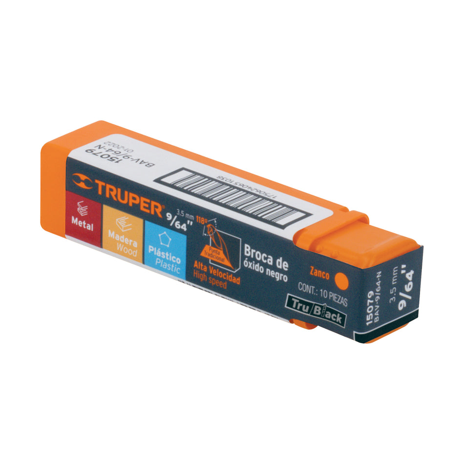 Broca HSS 9/64' Trublack para metal, Truper Caja con 10, 15079