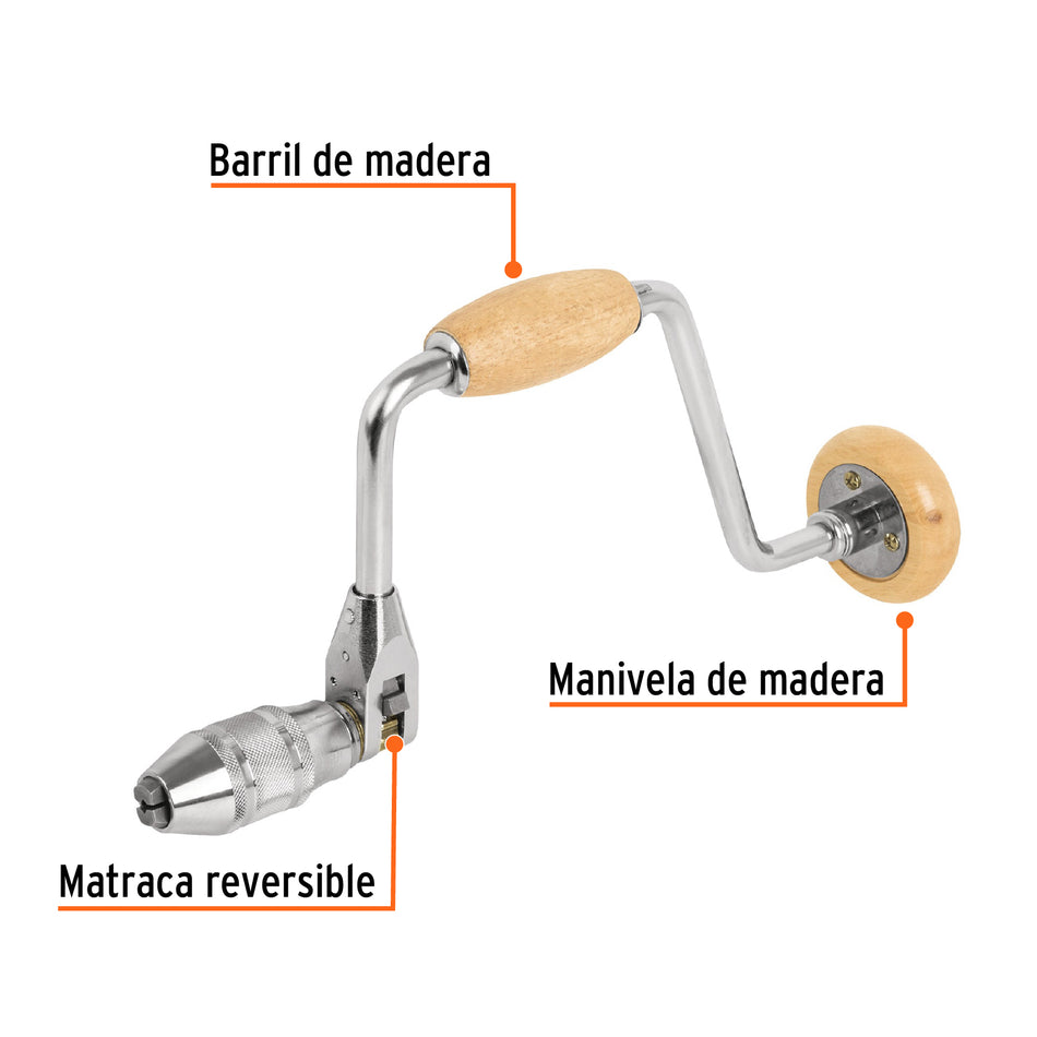 Berbiquí profesional 12' perilla de madera, TRUPER, 10970