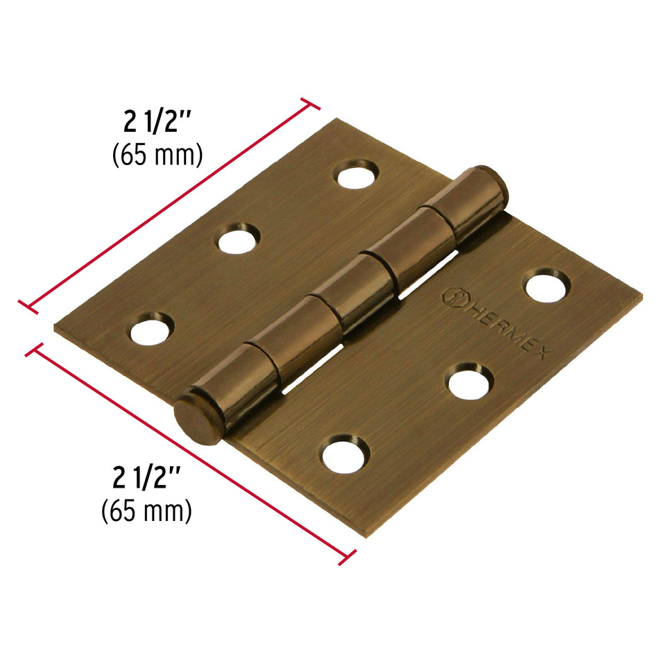 Bisagra cuadrada 2-1/2', latón antiguo, cabeza plana, Hermex Caja con 10, 43250