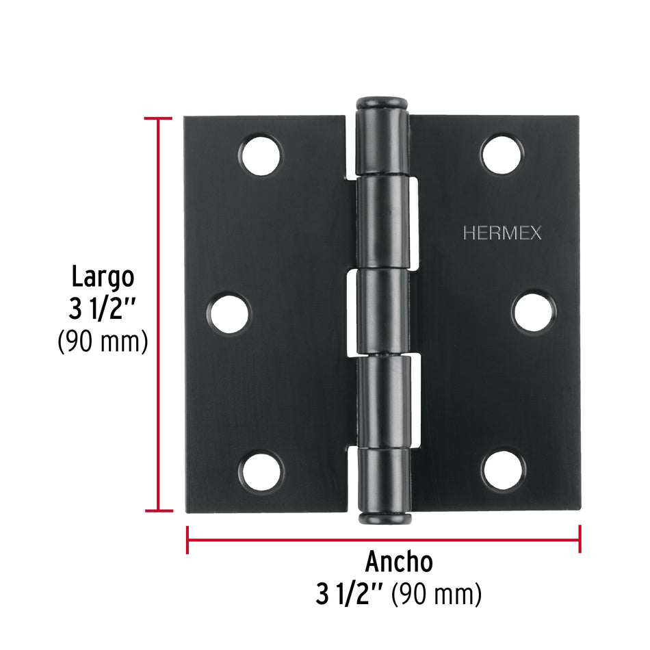 Bisagra cuadrada 3 1/2', negro mate, cabeza plana, Hermex Caja con 10, 46708