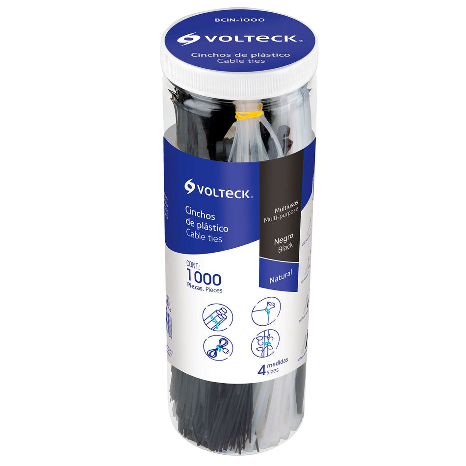 Bote con 1000 cinchos plásticos negros y naturales, Volteck, 44016