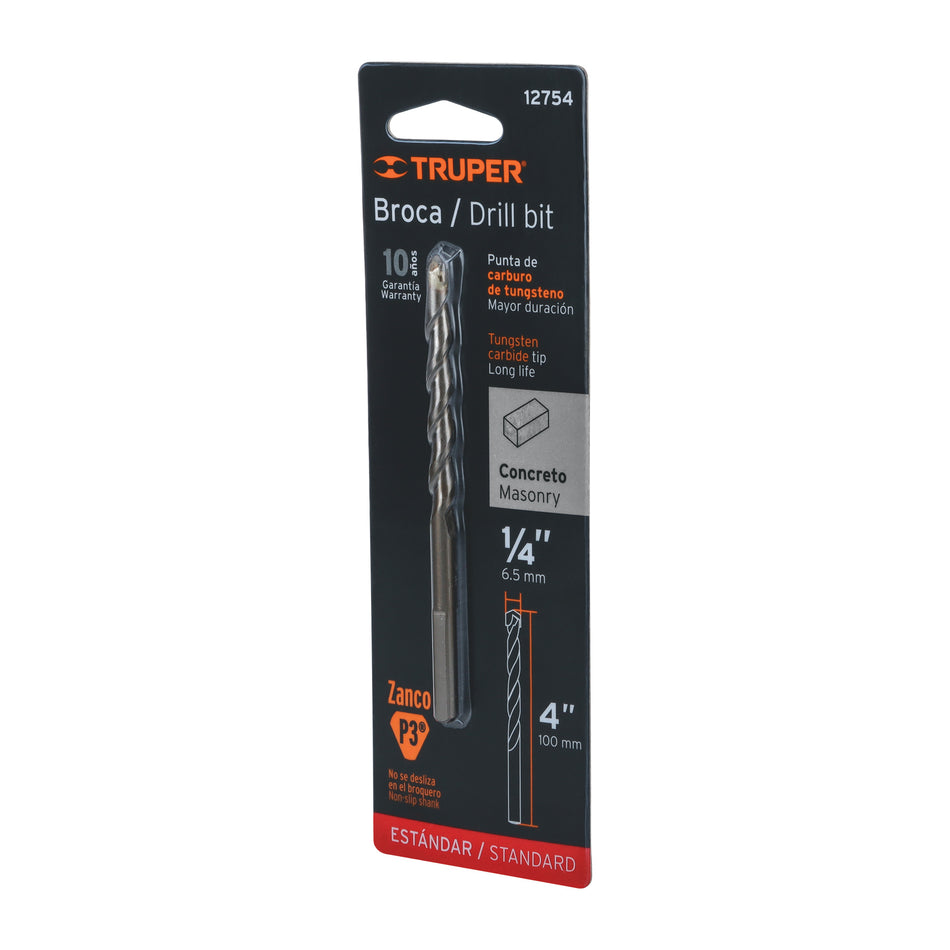 Broca para concreto de 1/4 x 4' en blíster, TRUPER Caja con 10, 12754