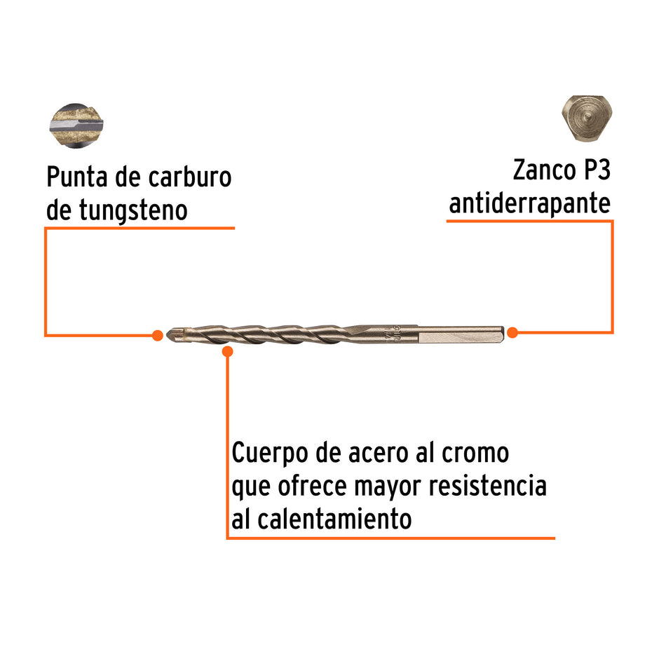 Broca para concreto de 1/4 x 4' en blíster, TRUPER Caja con 10, 12754
