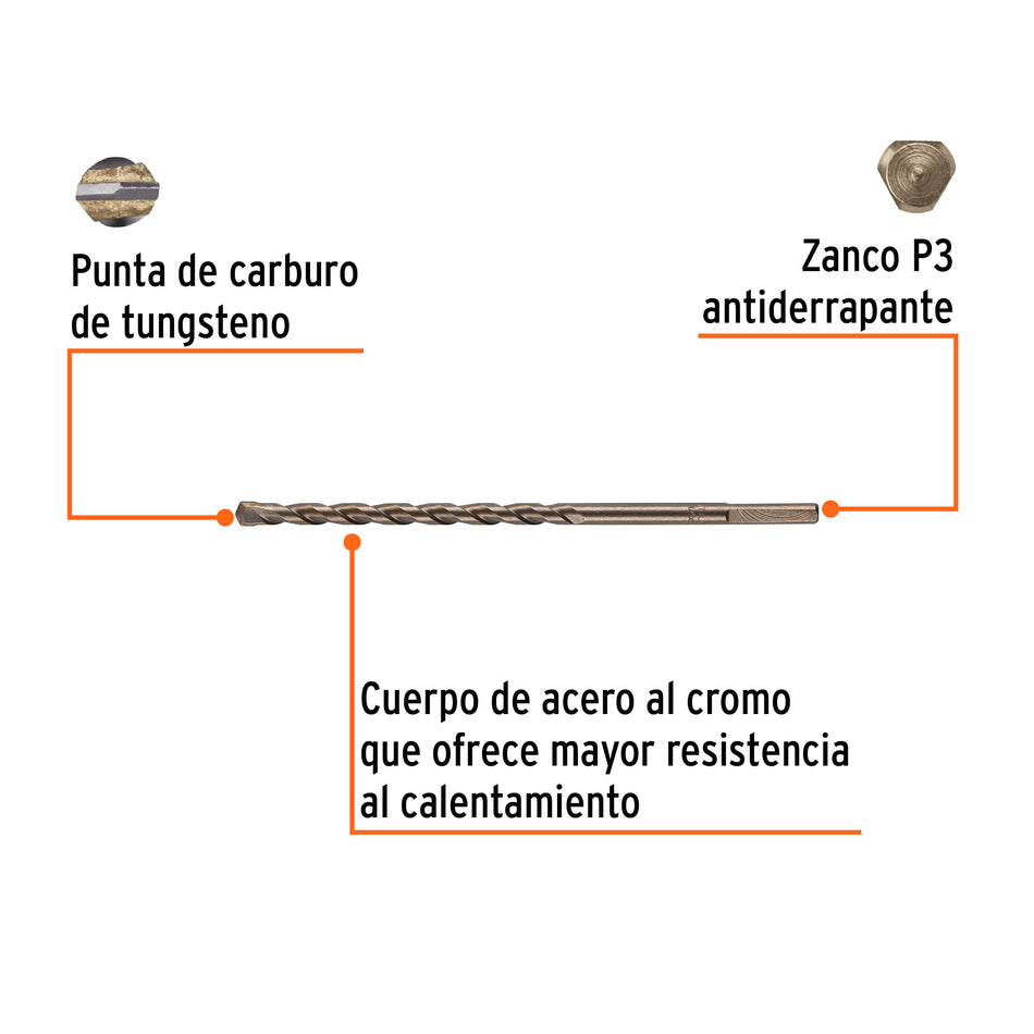 Broca para concreto de 1/4 x 6' en blíster, TRUPER Caja con 10, 12755