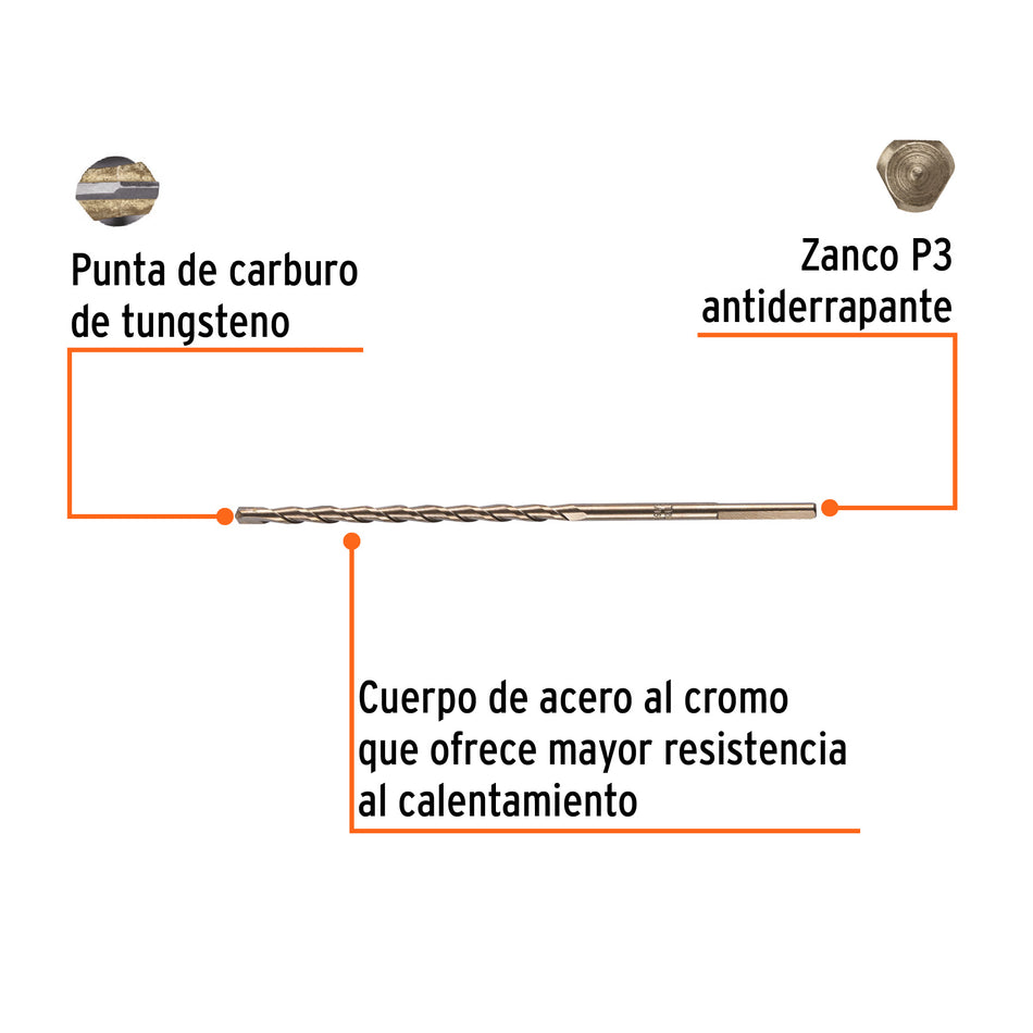 Broca para concreto de 3/16 x 6' en blíster, TRUPER Caja con 10, 12753
