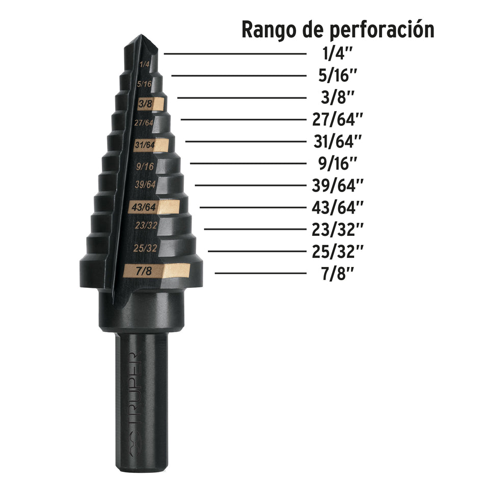 Broca escalonada óxido negro 11 escalones 1/4' a 7/8',Truper Caja con 3, 101457