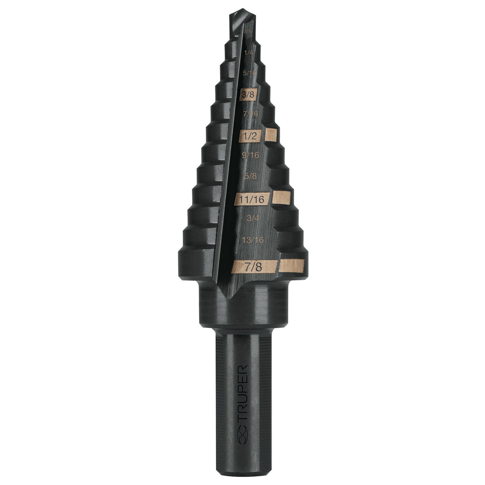 Broca escalonada óxido negro 12escalones 3/16' a 7/8',Truper Caja con 3, 12125