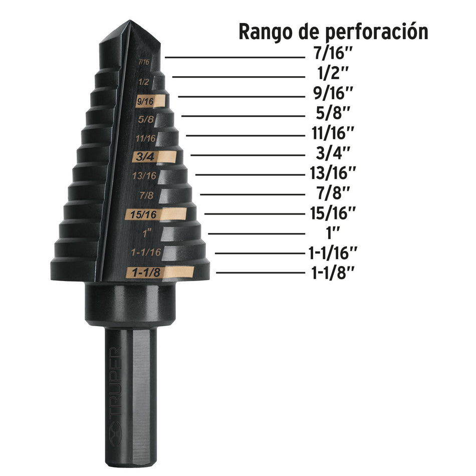 Broca escalonada óxido negro 12escalones 7/16 a 1-1/8,Truper, 101458