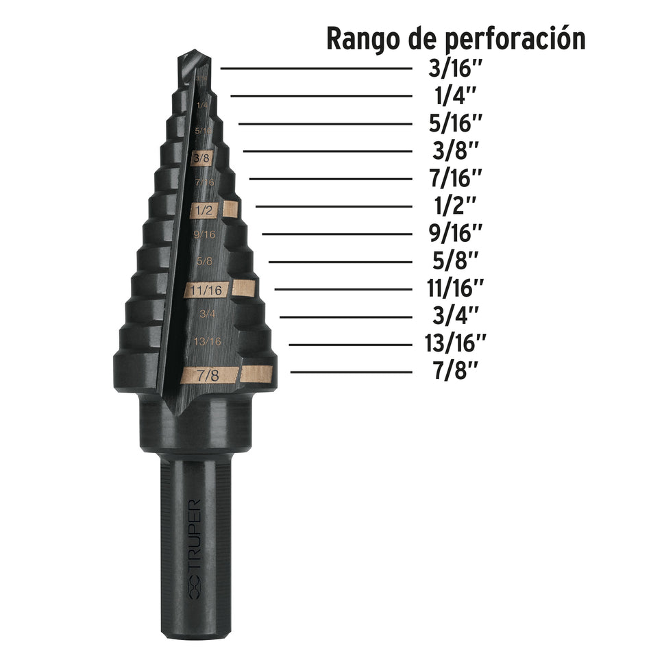 Broca escalonada óxido negro 12escalones 3/16' a 7/8',Truper Caja con 3, 12125