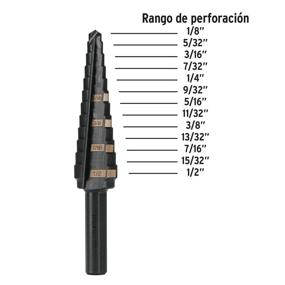 Broca escalonada óxido negro 13 escalones 1/8' a 1/2',Truper Caja con 3, 12122