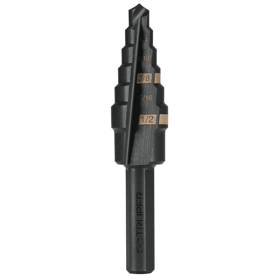 Broca escalonada óxido negro 6 escalones 3/16' a 1/2',Truper Caja con 3, 12120