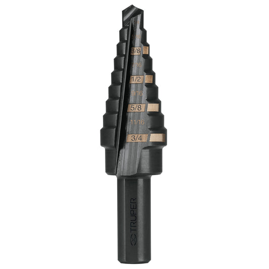 Broca escalonada óxido negro 9 escalones 1/4' a 3/4', Truper Caja con 3, 12123
