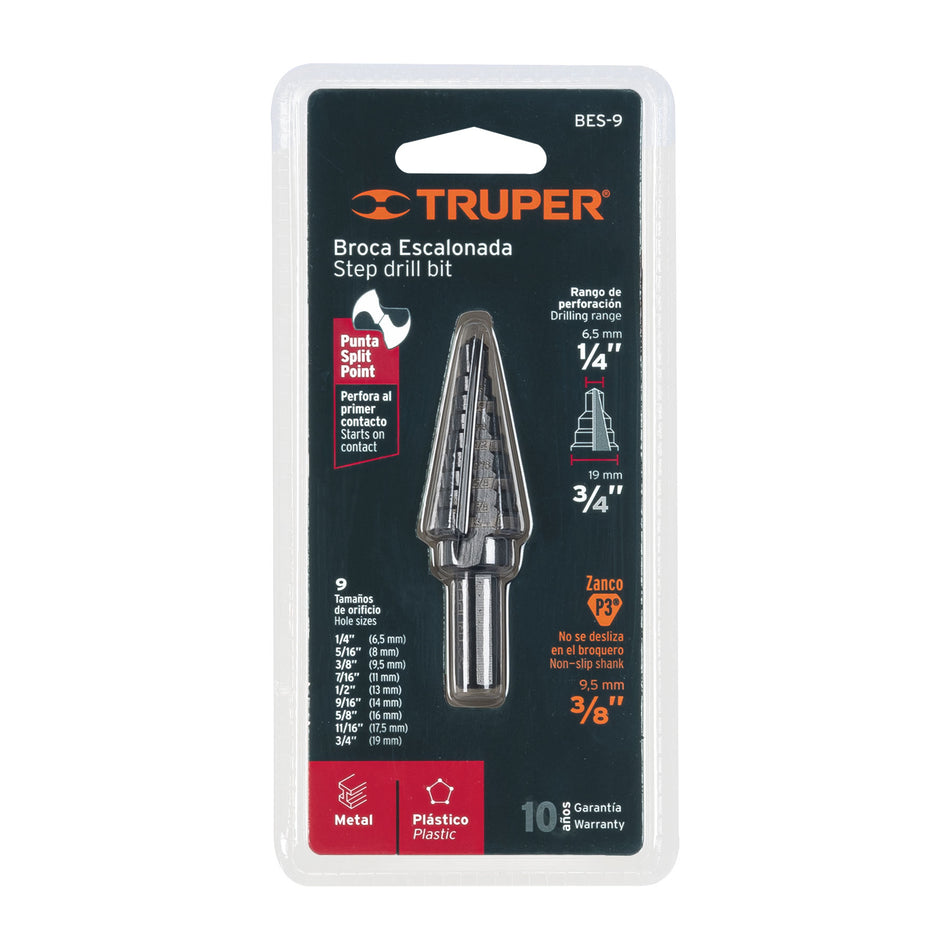 Broca escalonada óxido negro 9 escalones 1/4' a 3/4', Truper Caja con 3, 12123
