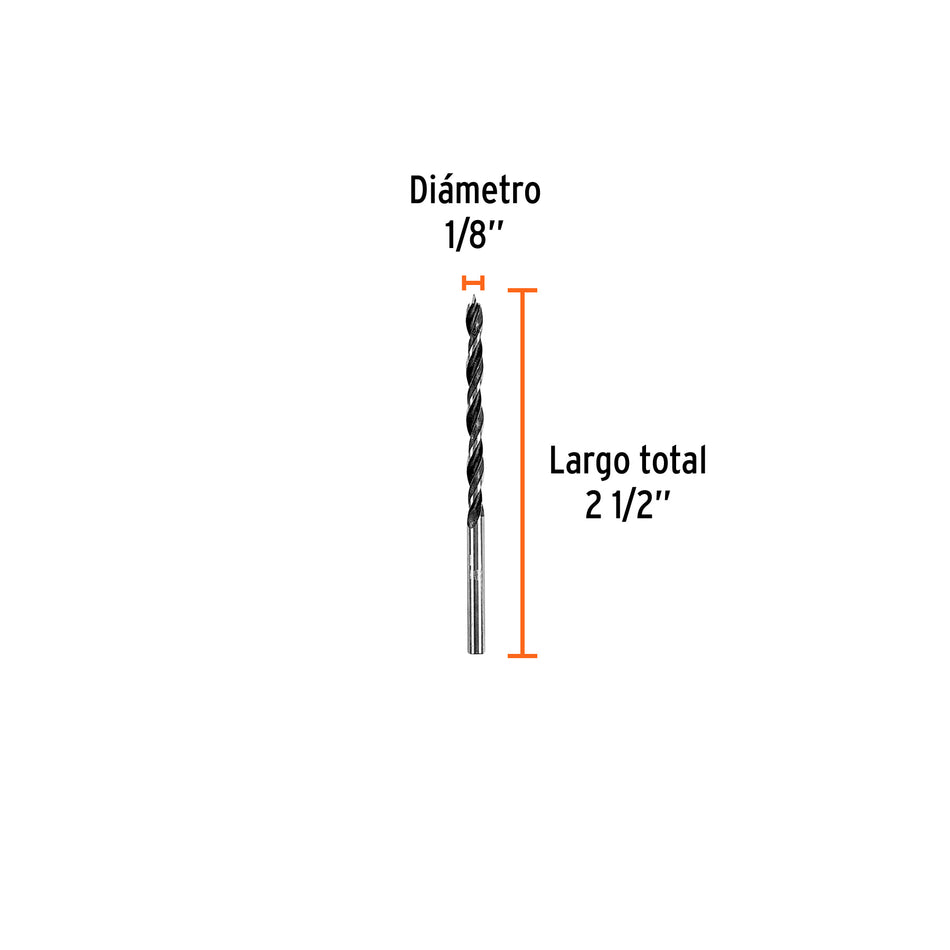 Broca con punta centradora para madera 1/8', TRUPER Caja con 12, 101626
