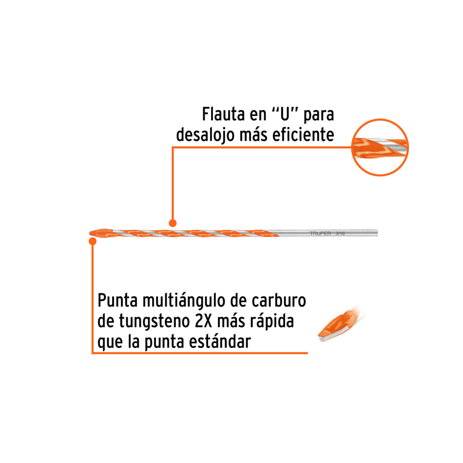 Broca multimaterial 3/16 x 6', Truper Caja con 10, 101805