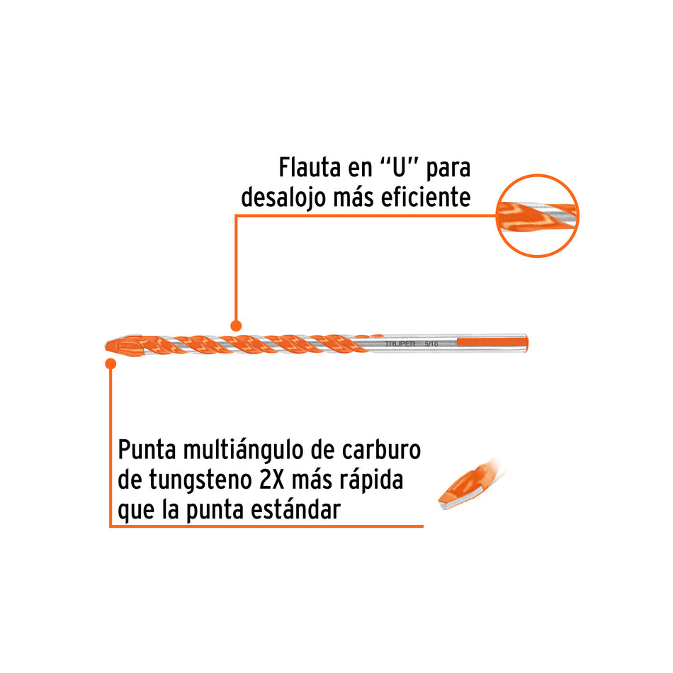 Broca multimaterial 5/16 x 6', Truper Caja con 10, 101807