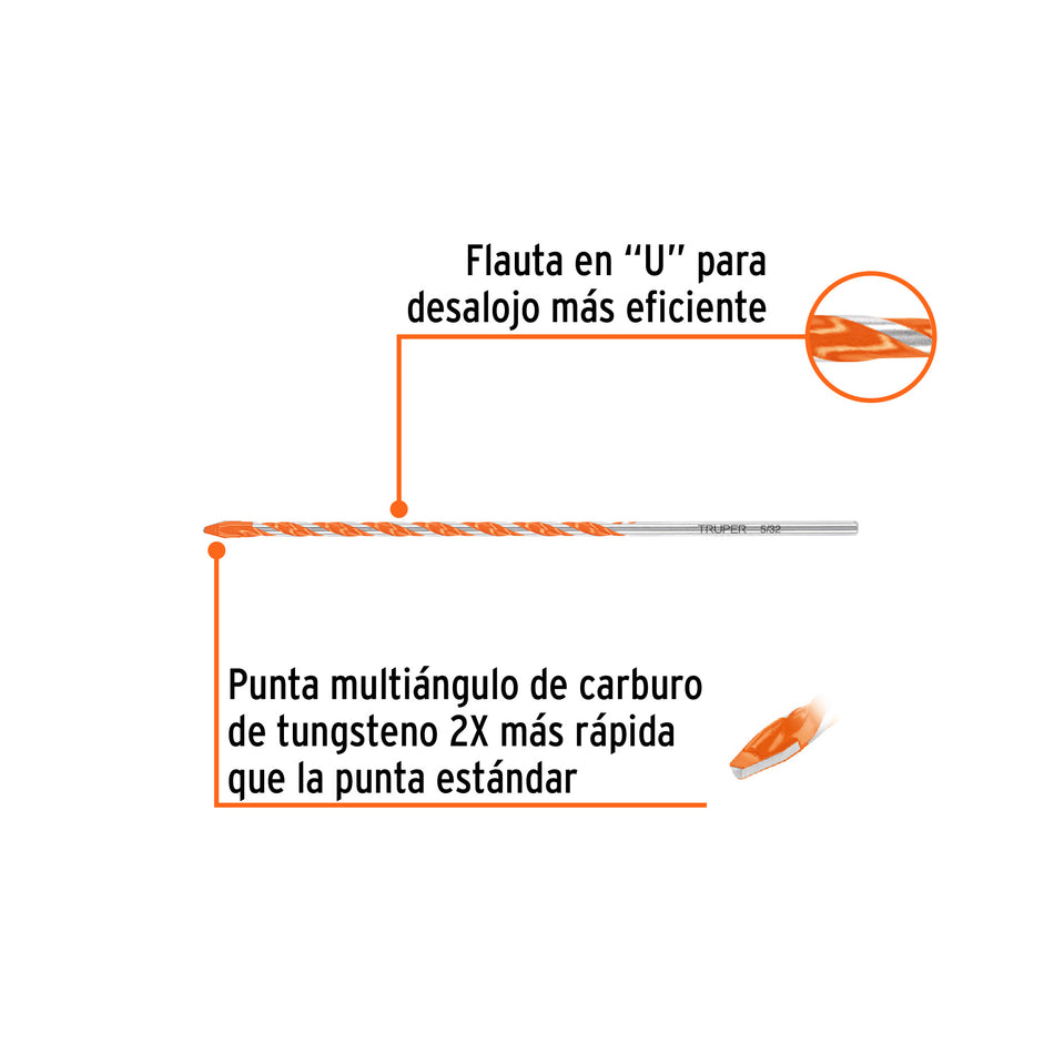 Broca multimaterial 5/32 x 6', Truper Caja con 10, 103018
