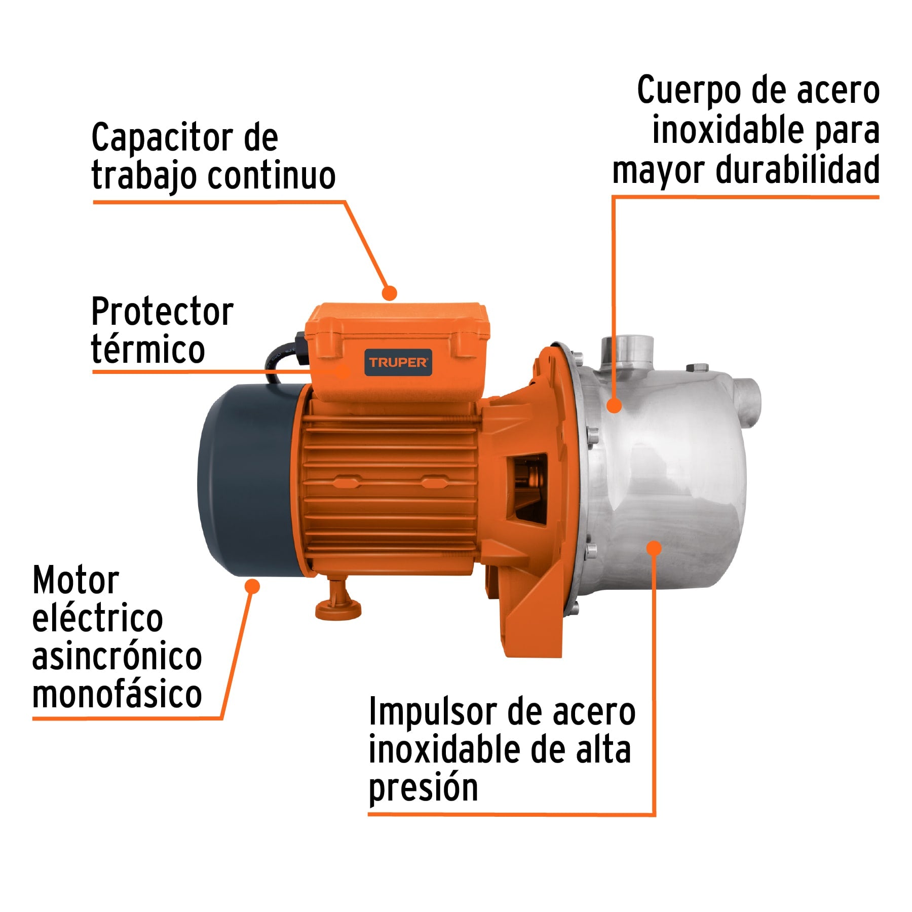 Bomba eléctrica tipo jet para agua, acero inoxidable, 1 HP, 13559