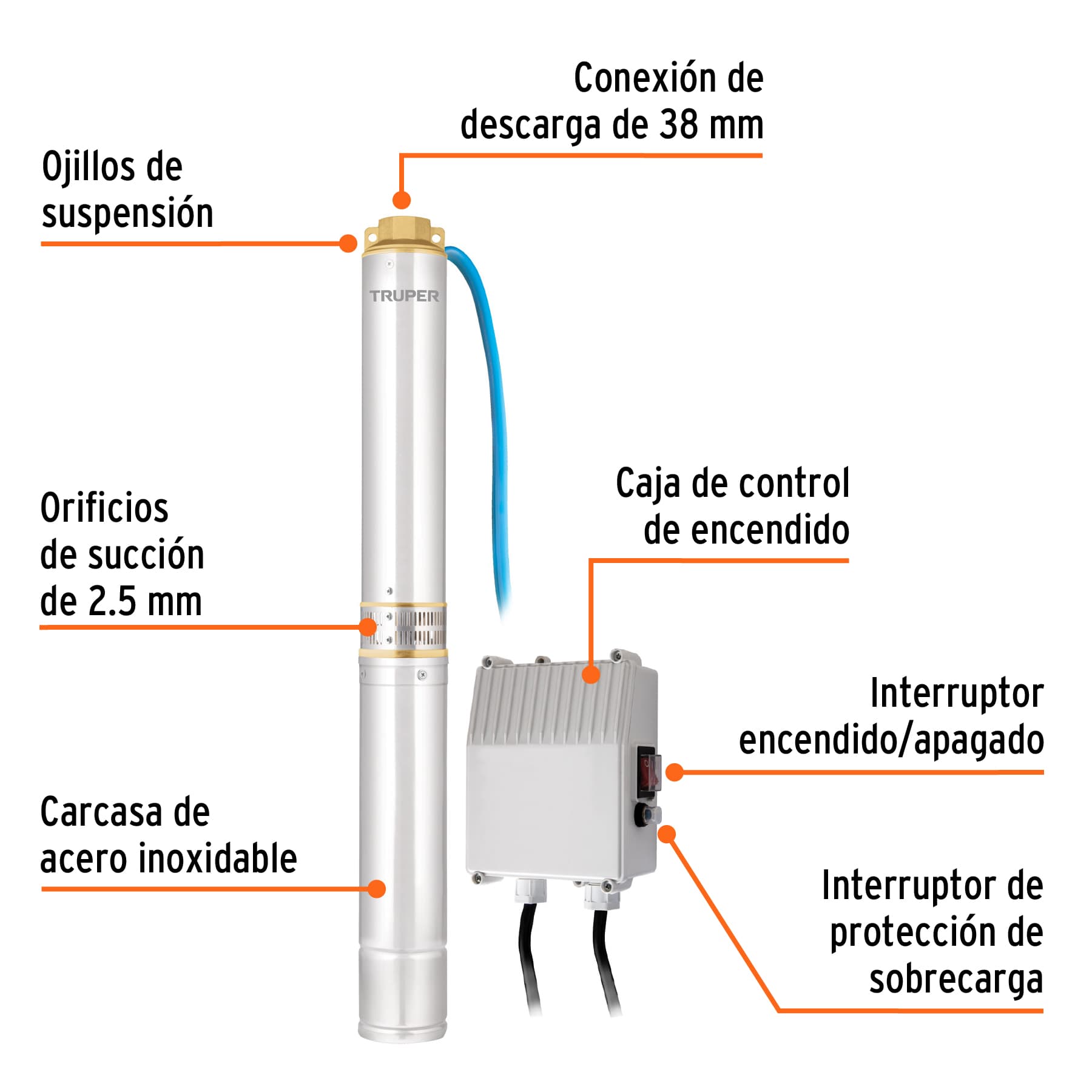 Bomba sumergible, tipo bala, 1-1/2 HP, agua limpia, Truper, 12626