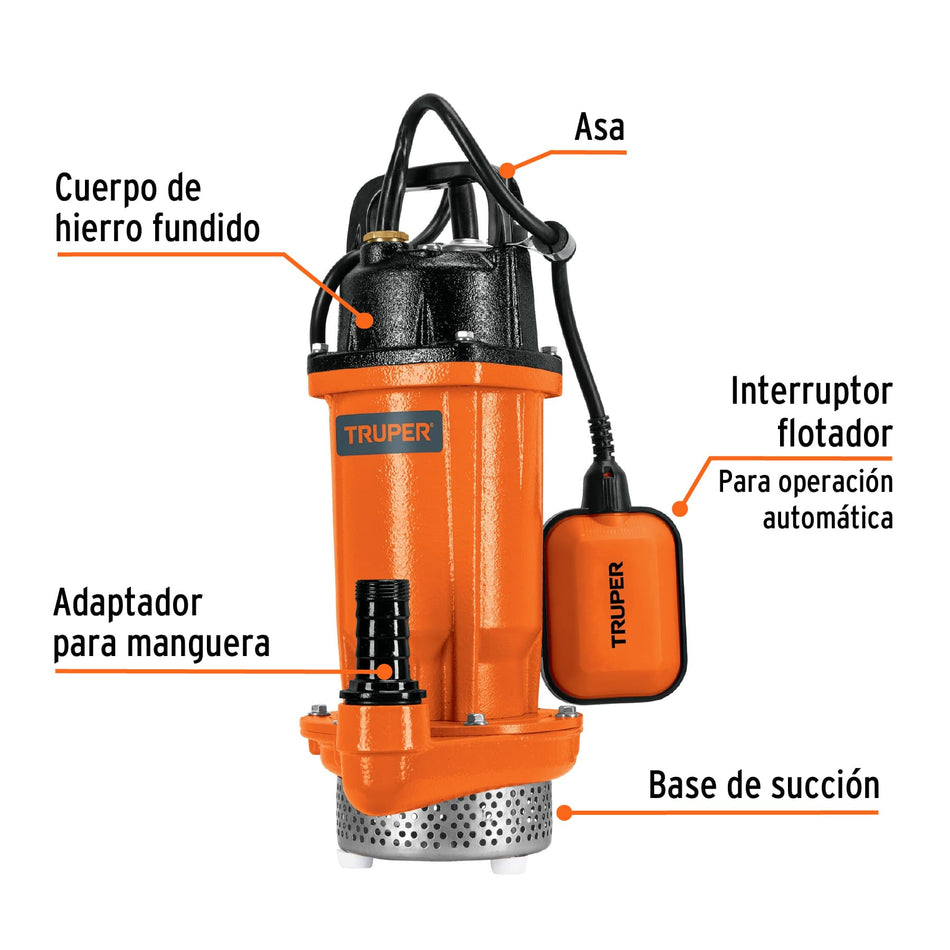 Bomba sumergible hierro fundido, agua limpia, 1/2 HP, TRUPER, 100169