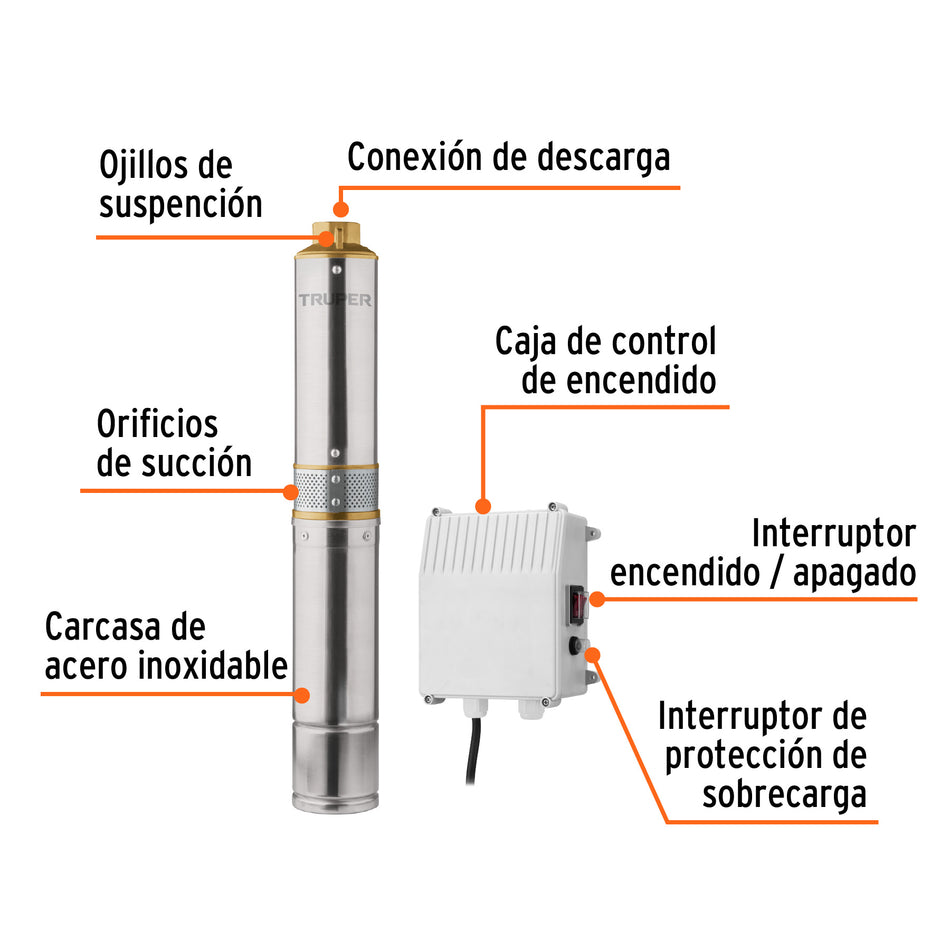 Bomba sumergible, tipo bala, 1/2 HP, a/limpia, 220V, Truper, 102974