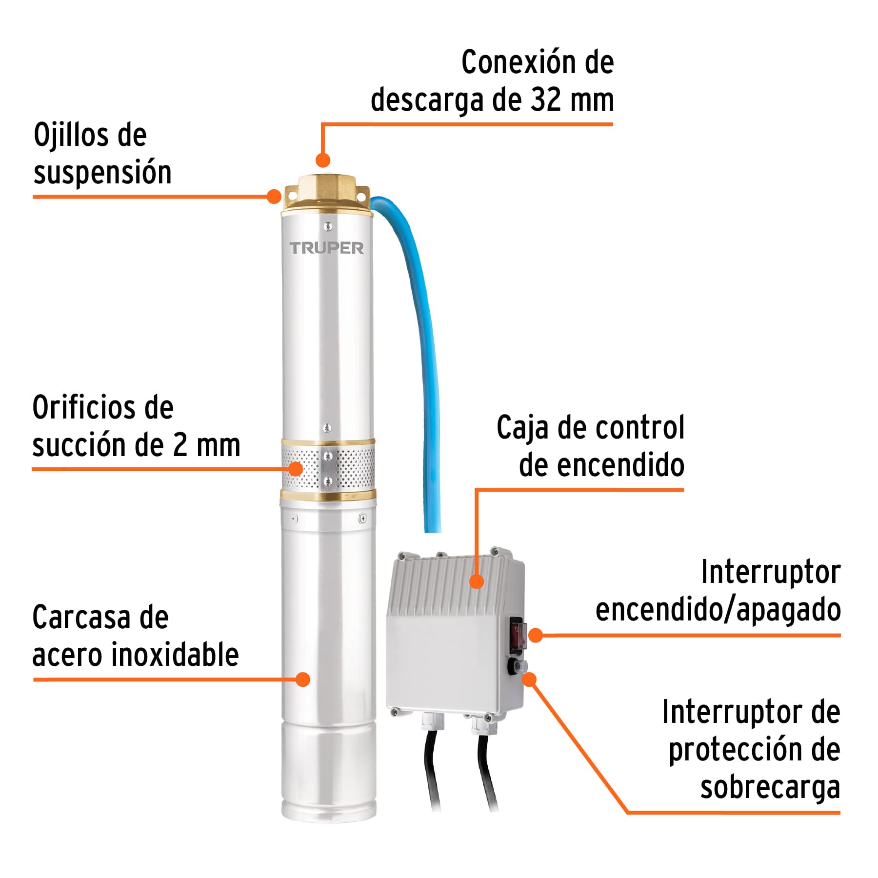 Bomba sumergible, tipo bala, 1/2 HP, agua limpia, Truper, 16933