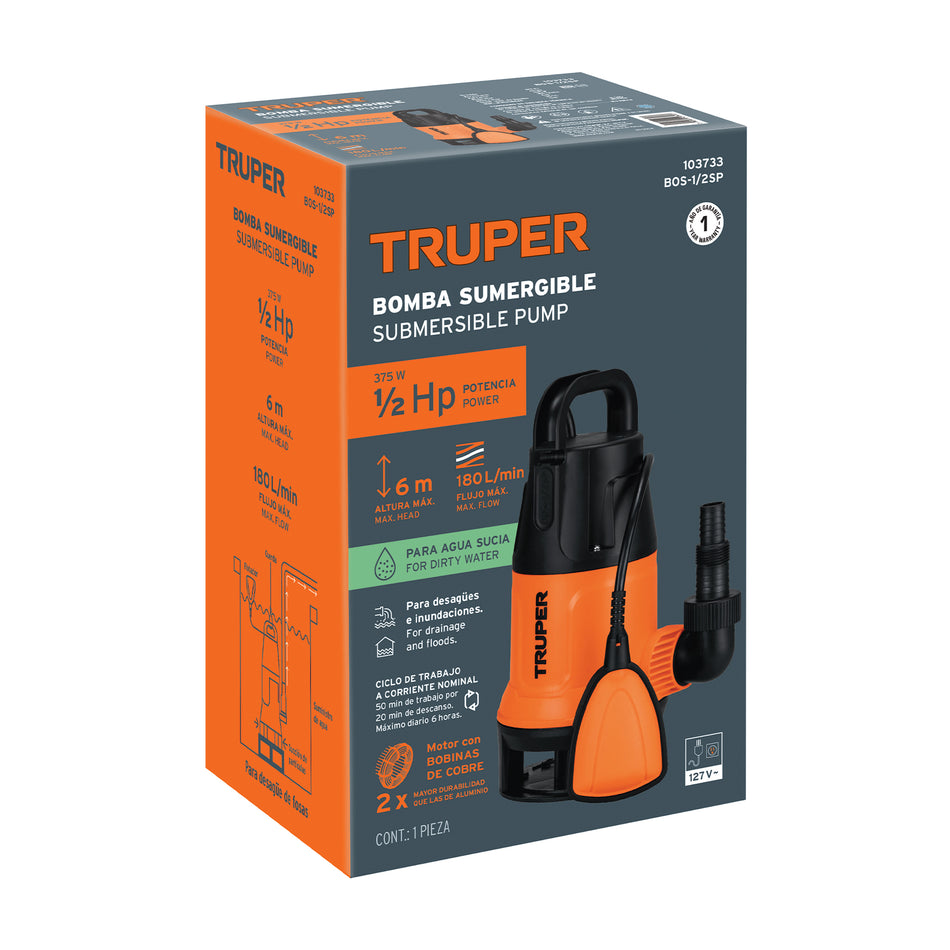 Bomba sumergible plástica para agua sucia 1/2HP, Truper, 103733