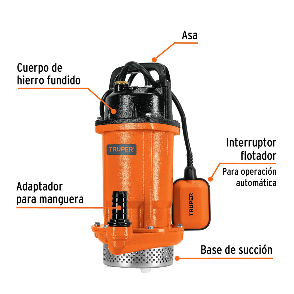 Bomba sumergible hierro fundido, agua limpia, 1 HP, TRUPER, 100171