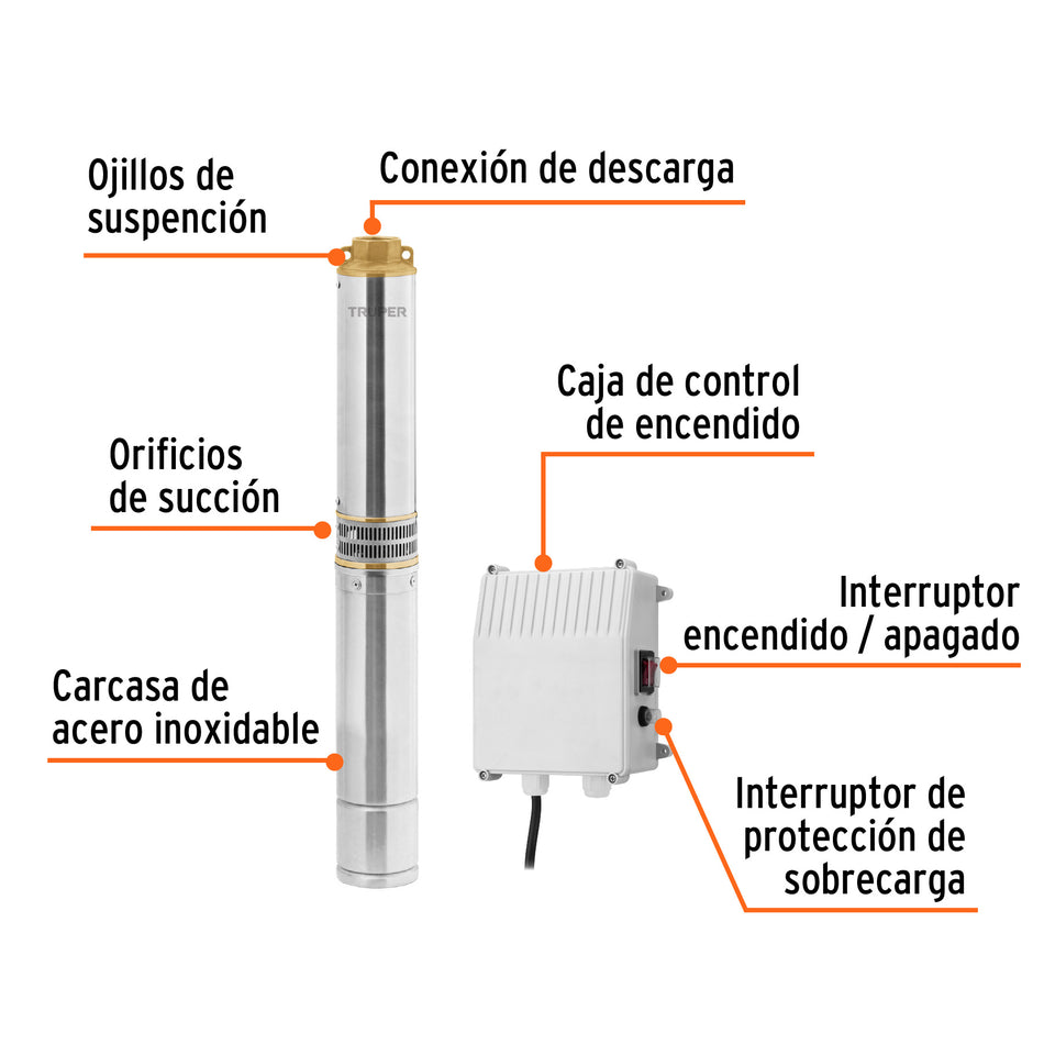 Bomba sumergible, tipo bala, 1 HP, a/limpia, 220V, Truper, 102975