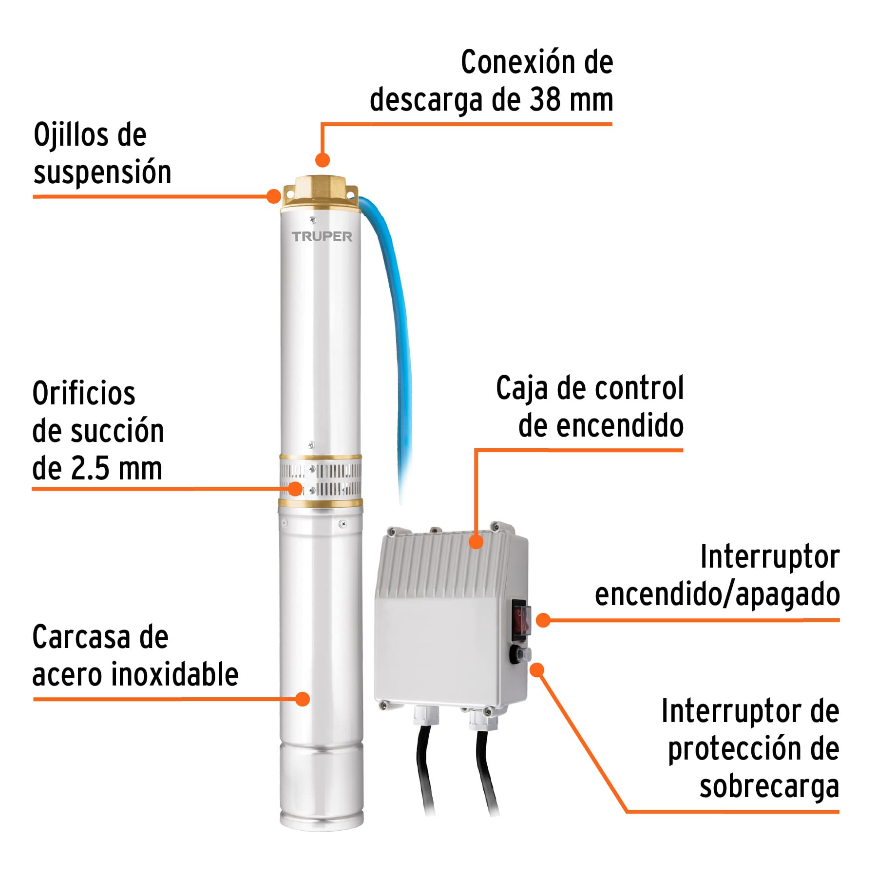 Bomba sumergible, tipo bala, 1 HP, agua limpia, Truper, 12625