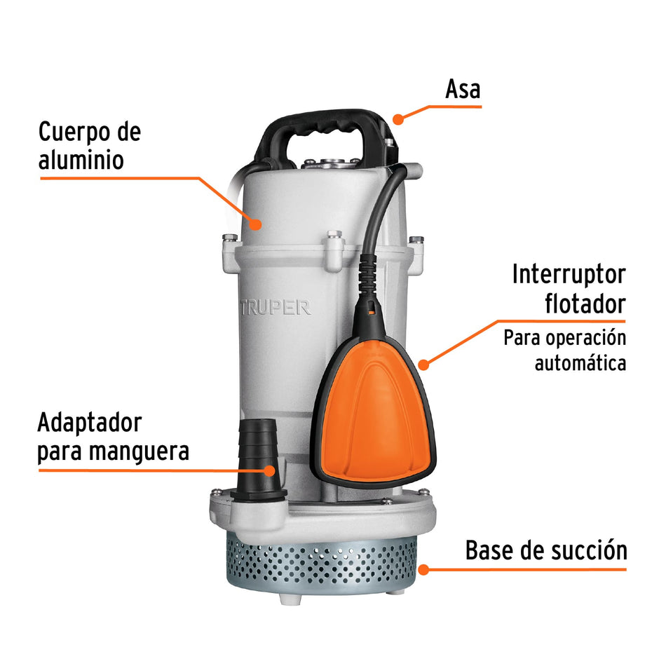 Bomba sumergible cubierta aluminio,agua limpia, 1 HP, TRUPER, 15003