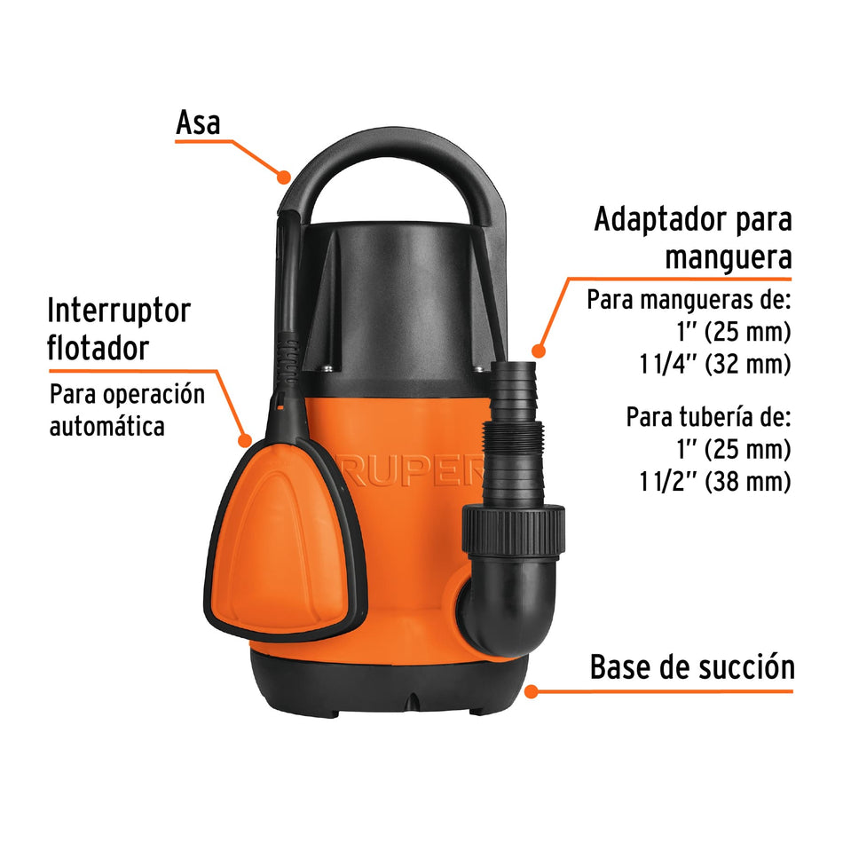 Bomba sumergible plástica, 1 HP para agua limpia, Truper, 12602