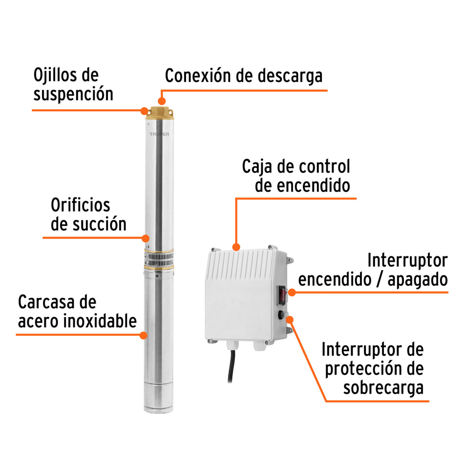 Bomba sumergible, tipo bala, 2 HP, a/limpia, 220V, Truper, 102977