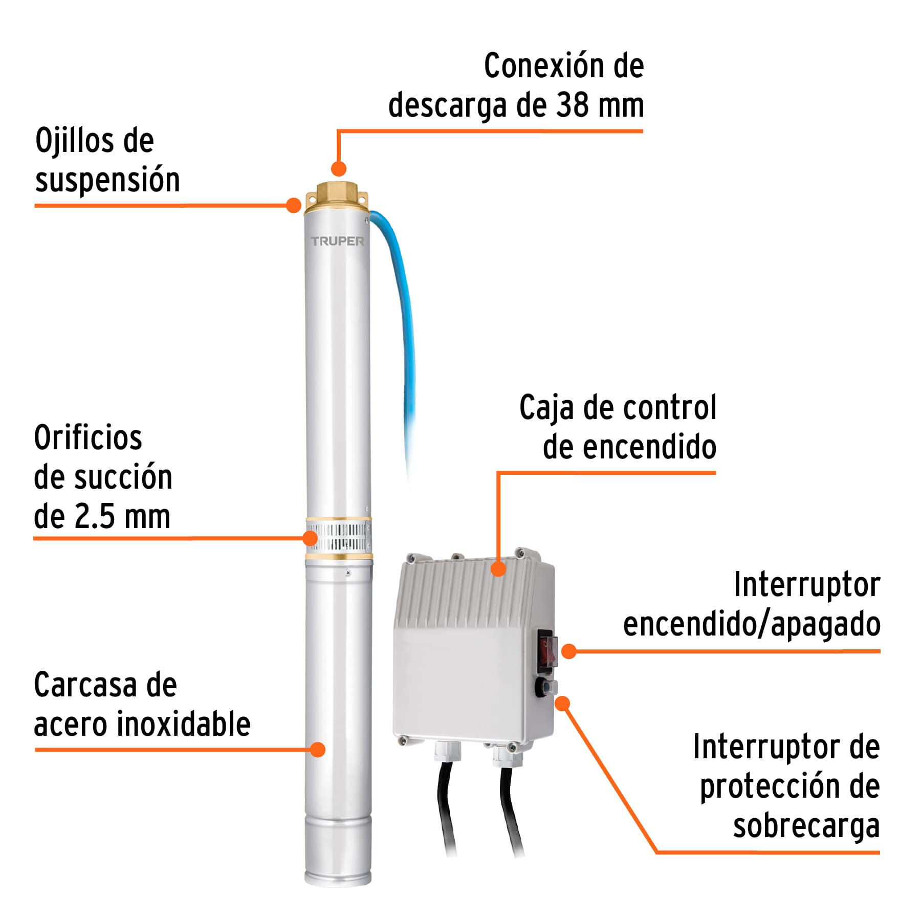 Bomba sumergible, tipo bala, 2 HP, agua limpia, Truper, 12627