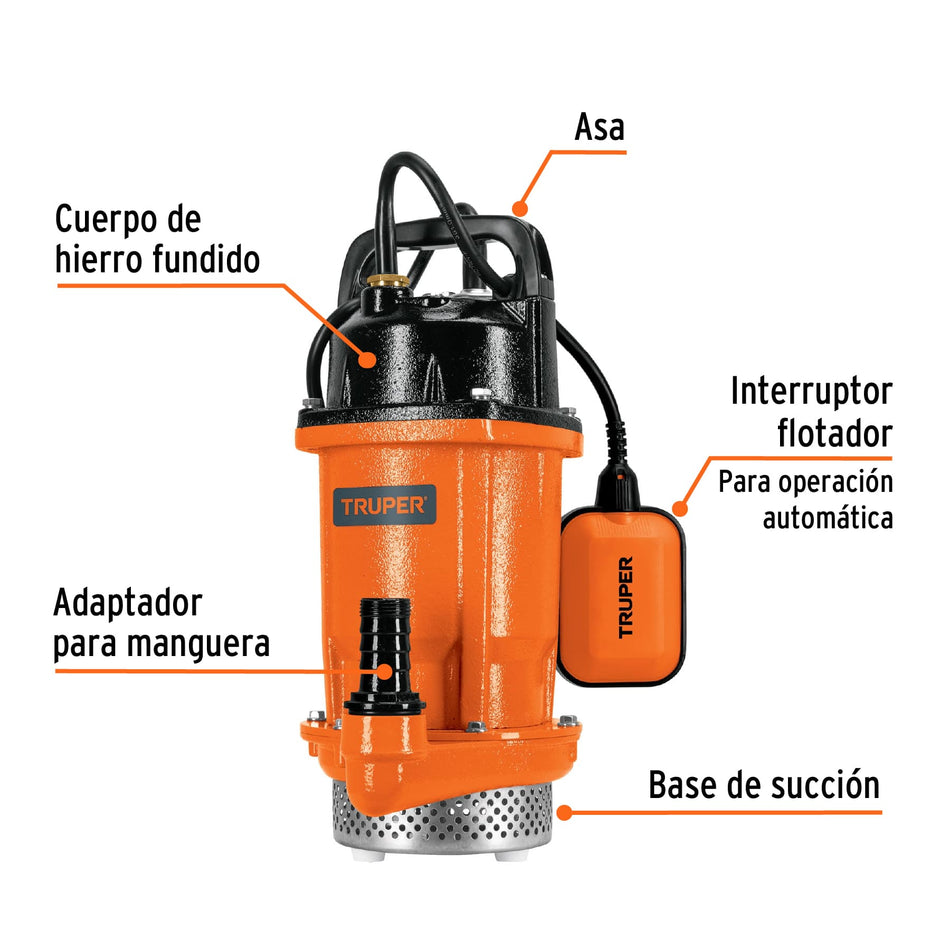Bomba sumergible hierro fundido, agua limpia, 3/4 HP, TRUPER, 100170