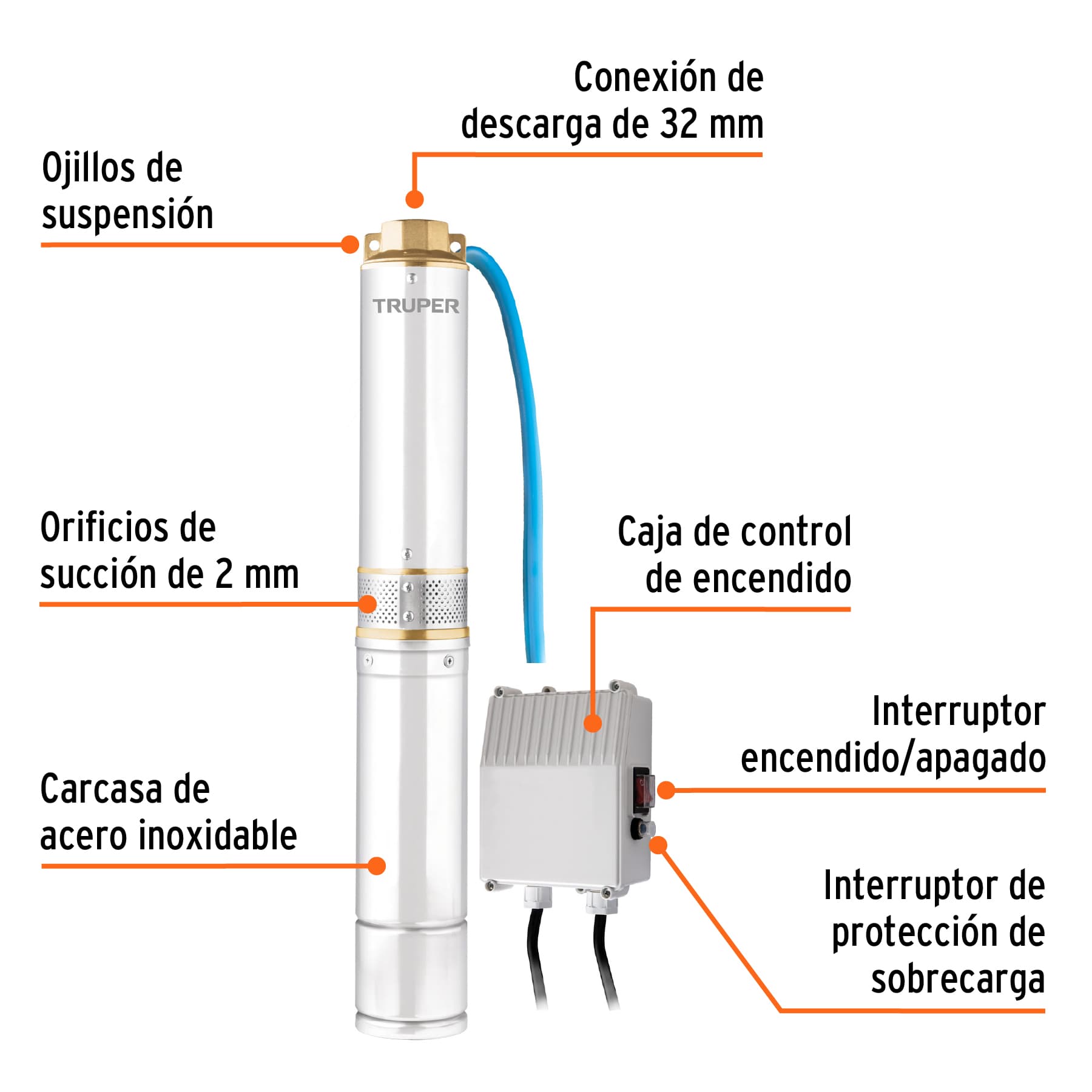 Bomba sumergible, tipo bala, 3/4 HP, agua limpia, Truper, 16934