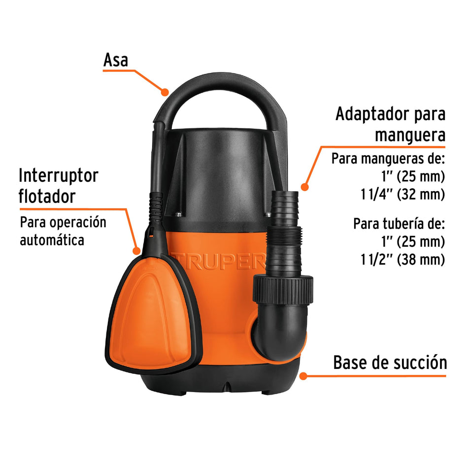 Bomba sumergible plástica, 3/4 HP para agua limpia, Truper, 12600