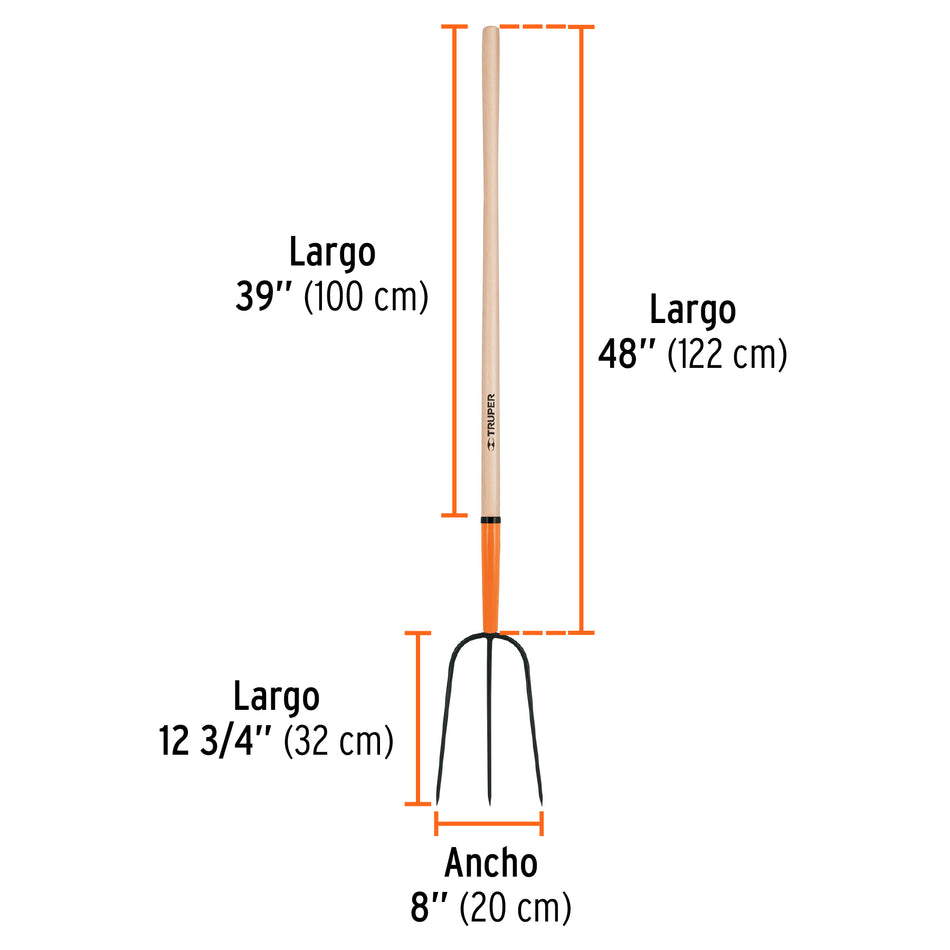 Bieldo para paja, 3 dientes, mgo largo 48', TRUPER Caja con 3, 11000