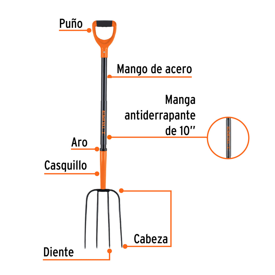 Bieldo para paja, 4 dientes, mgo de acero 37',puño'Y' TRUPER Caja con 3, 102113