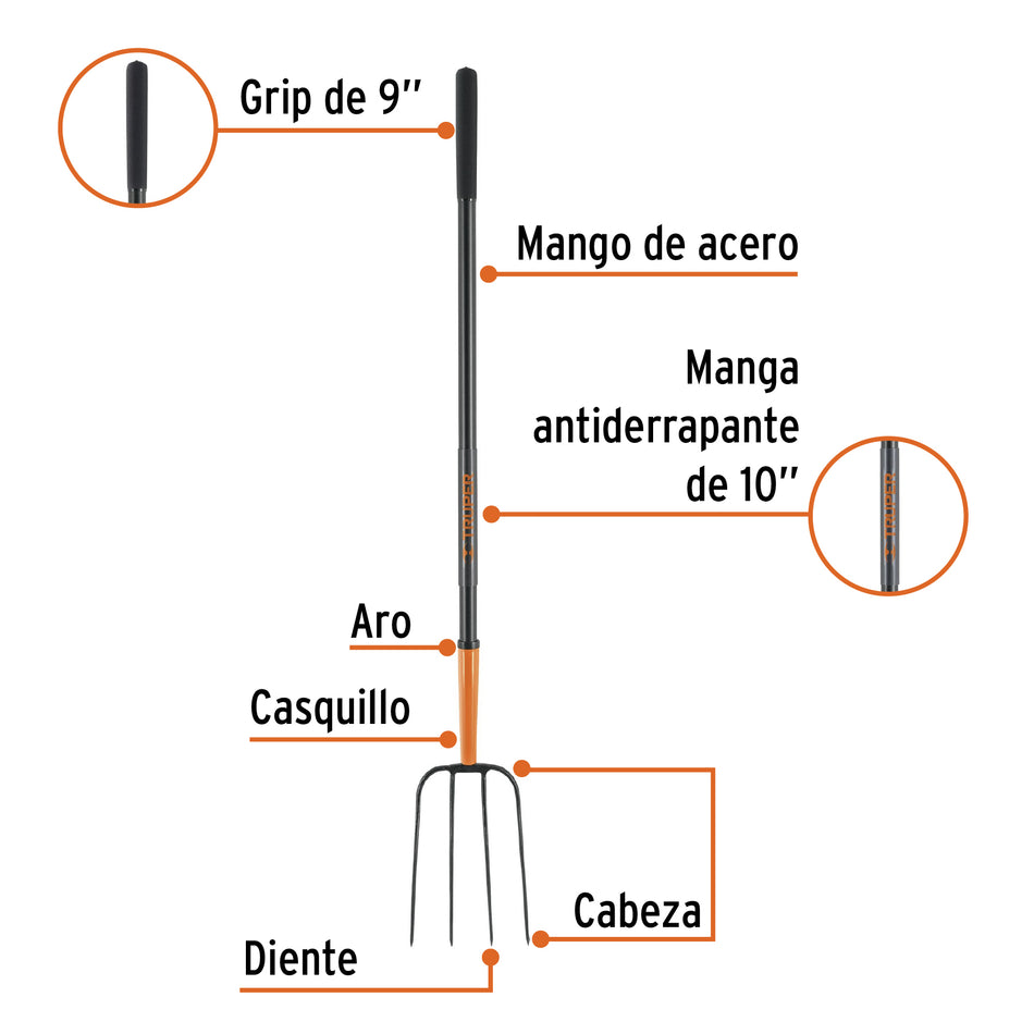 Bieldo para paja, 4 dientes, mgo largo de acero 48' TRUPER Caja con 3, 102100