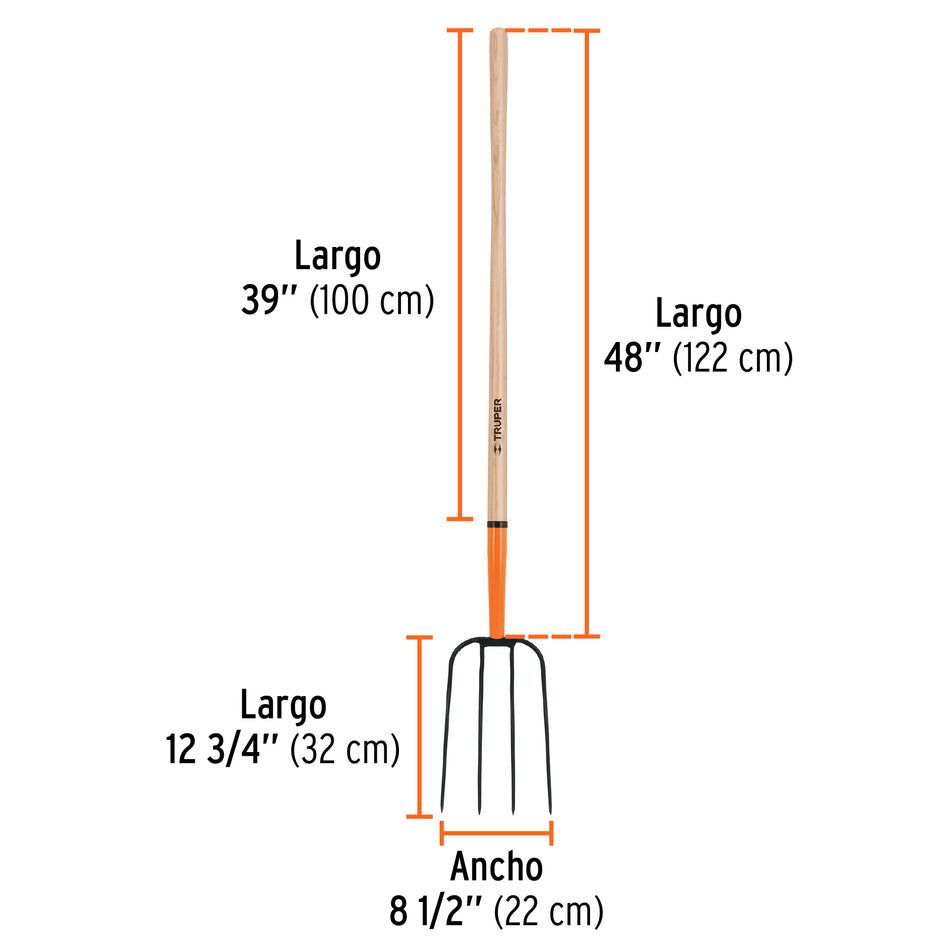 Bieldo para paja, 4 dientes, mgo largo 48', TRUPER Caja con 3, 11003