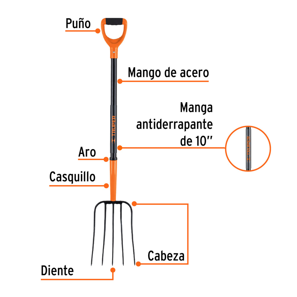 Bieldo para paja, 5 dientes, mgo de acero 37',puño'Y' TRUPER Caja con 3, 102114