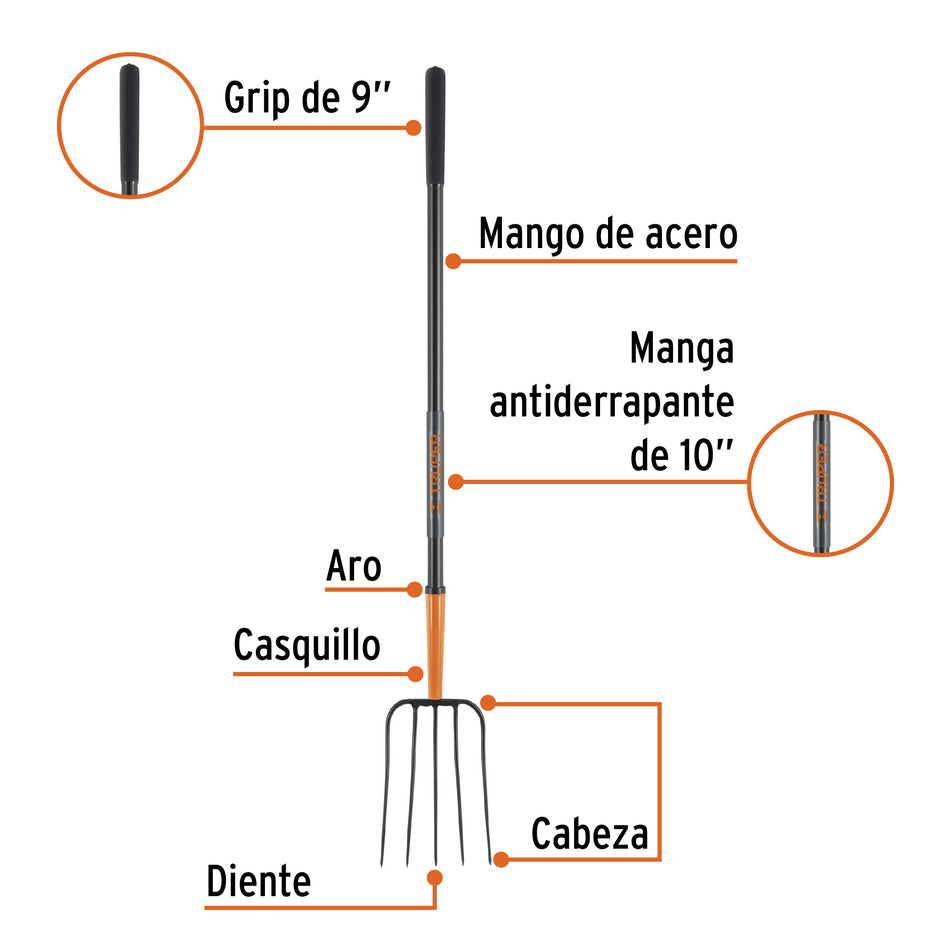 Bieldo para paja, 5 dientes, mgo largo de acero 48' TRUPER Caja con 3, 102101