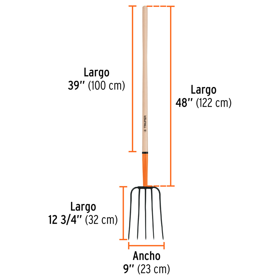 Bieldo para paja, 5 dientes, mgo largo 48', TRUPER Caja con 3, 11006
