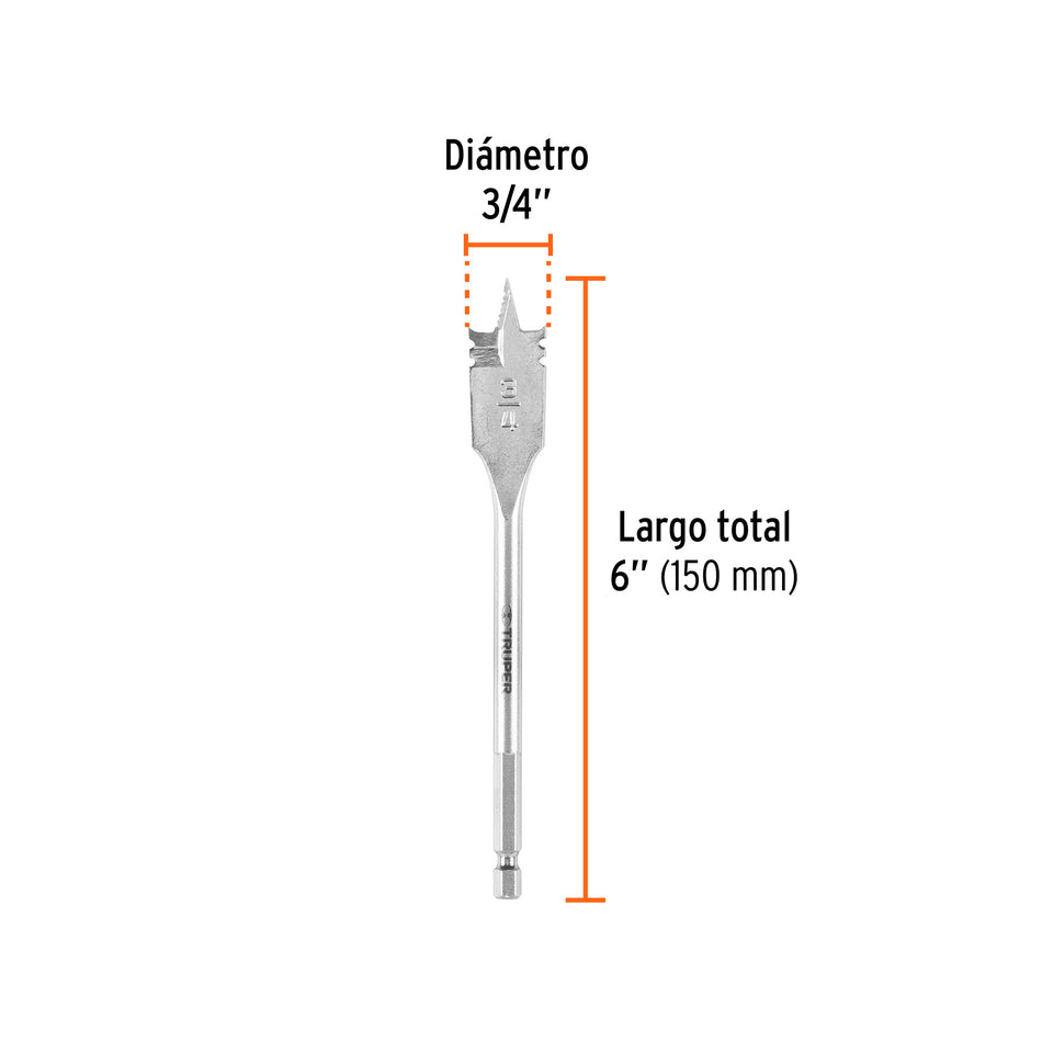 Broca plana de manita 3/4' para madera, Truper Caja con 6, 11378